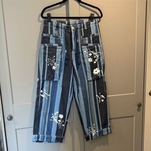 Striped Blue Floral Patchwork Cargo Pants